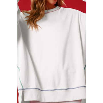 Chvity Women's Casual Crewneck Sweatshirts Long Sleeve Oversized Sweatshirt Trendy Contrast Stitching Fall Pullover Tops White