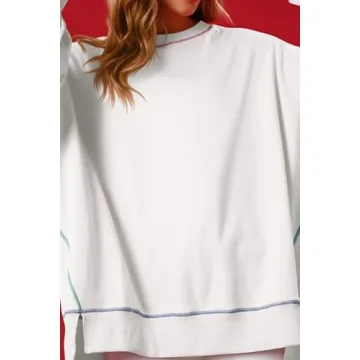 Chvity Women's Casual Crewneck Sweatshirts Long Sleeve Oversized Sweatshirt Trendy Contrast Stitching Fall Pullover Tops White