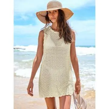 ANRABESS Women's Swimsuit Cover Up Sleeveless Knit Crochet Mini Dress