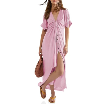 Fisoew Womens Summer Button Down Short Puff Sleeve Dress Tie Front Ruched Deep V Neck Long Maxi Dresses Pink, Small