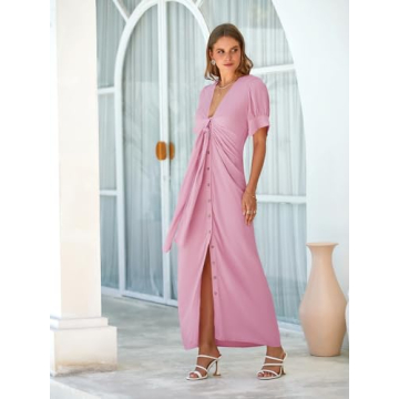 Fisoew Womens Summer Button Down Short Puff Sleeve Dress Tie Front Ruched Deep V Neck Long Maxi Dresses Pink, Small
