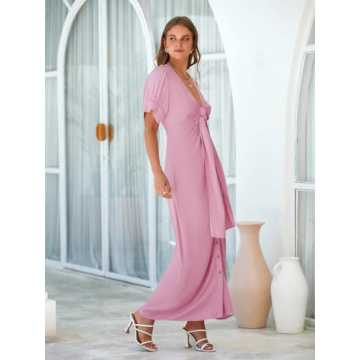 Fisoew Womens Summer Button Down Short Puff Sleeve Dress Tie Front Ruched Deep V Neck Long Maxi Dresses Pink, Small