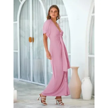 Fisoew Womens Summer Button Down Short Puff Sleeve Dress Tie Front Ruched Deep V Neck Long Maxi Dresses Pink, Small