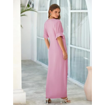 Fisoew Womens Summer Button Down Short Puff Sleeve Dress Tie Front Ruched Deep V Neck Long Maxi Dresses Pink, Small