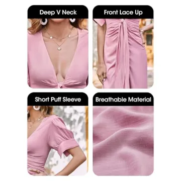 Fisoew Womens Summer Button Down Short Puff Sleeve Dress Tie Front Ruched Deep V Neck Long Maxi Dresses Pink, Small