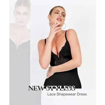 Popilush Shapewear Dress Deep-V Neck Lace Satin Drape Slip Split Bodycon Cocktail Maxi Dresses for Women Black