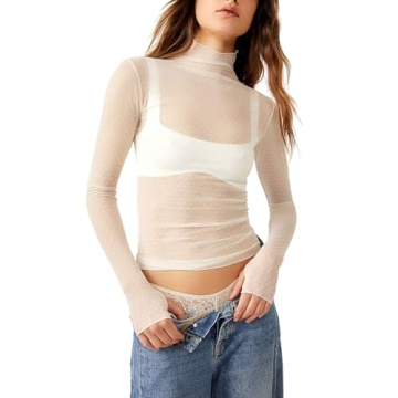 Stylish Sheer Mesh Long Sleeve Crop Top for Women - Floral Lace Tee Shirt