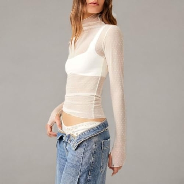 Trendy Sheer Mesh Layering Top for Women - Mock Neck