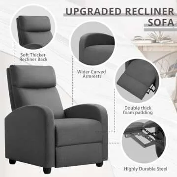 JUMMICO Recliner Chair Adjustable Home Theater Single Recliner Sofa Furniture with Thick Seat Cushion and Backrest Modern Living Room Recliners (Fabric, Aurora Grey)