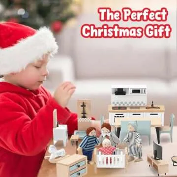 36pcs Wooden Dollhouse Furniture Set 5 Rooms with 4 Family Dolls, Wood and Plastic Blue Dollhouse Ac...