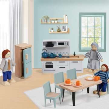 36pcs Wooden Dollhouse Furniture Set 5 Rooms with 4 Family Dolls, Wood and Plastic Blue Dollhouse Accessories, Pretend Play Furniture Toys Christmas Birthday Gift for Boys Girls & Kids Toddlers 3Y+