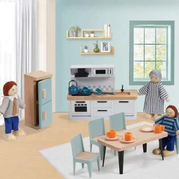 36pcs Wooden Dollhouse Furniture Set 5 Rooms with 4 Family Dolls, Wood and Plastic Blue Dollhouse Accessories, Pretend Play Furniture Toys Christmas Birthday Gift for Boys Girls & Kids Toddlers 3Y+