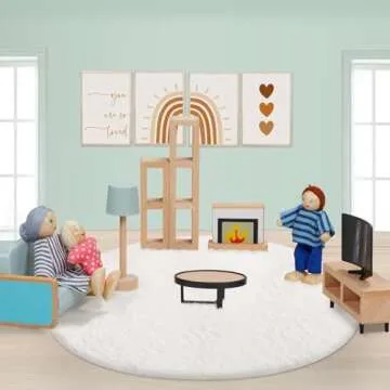 36pcs Wooden Dollhouse Furniture Set 5 Rooms with 4 Family Dolls, Wood and Plastic Blue Dollhouse Accessories, Pretend Play Furniture Toys Christmas Birthday Gift for Boys Girls & Kids Toddlers 3Y+