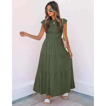 ZESICA Women's 2024 Summer Casual Flutter Short Sleeve Crew Neck Smocked Elastic Waist Tiered Midi Dress,Army Green,Medium