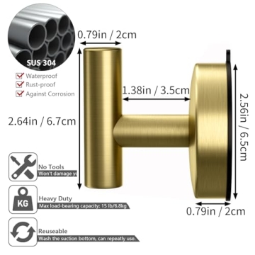 DGYB Large Cup Hooks for Bathrooms Set of 2 Gold Towel Hooks for Stainless Steel 15 Lb Removable Wall Hooks for Hanging Heavy Duty