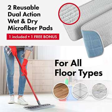 Tyroler Microfiber Patented Floor Mop, 100% Silicone Won't Scratch Furniture. Long Aluminum Anti-Rust Handle, Fit to Hardwood, Walls, Laminate, Parquet & Tile - 2 Free Microfiber Pads