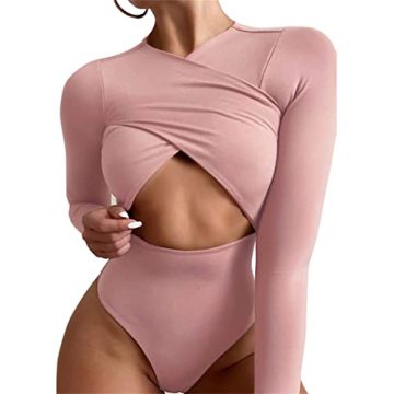 PRIMODA Women's Sexy Cutout Long Sleeve Bodysuit - Pink L