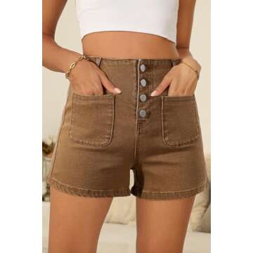Sidefeel Women's Denim Shorts High Waisted Button Fly Stretchy Summer Jean Shorts with Pockets Brown...