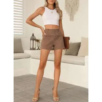 Sidefeel Women's Denim Shorts High Waisted Button Fly Stretchy Summer Jean Shorts with Pockets Brown Size 6