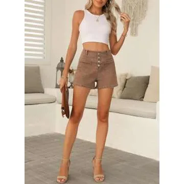Sidefeel Women's Denim Shorts High Waisted Button Fly Stretchy Summer Jean Shorts with Pockets Brown Size 6