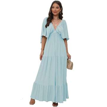 Women's Summer V-Neck, Tiered Silhouette with Flutter Sleeves Maxi Dress (as1, Alpha, m, Regular, Regular, Light Blue)