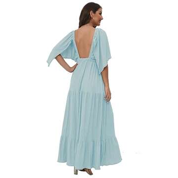 Women's Summer V-Neck, Tiered Silhouette with Flutter Sleeves Maxi Dress (as1, Alpha, m, Regular, Regular, Light Blue)