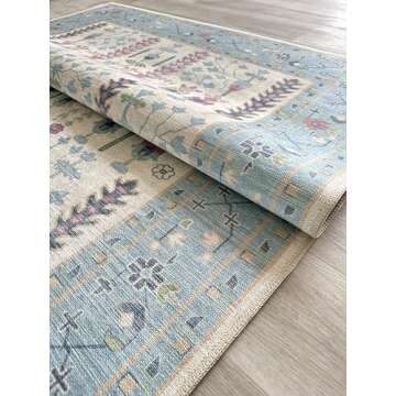 Cream Blue Oushak Rug, Modern Small Rugs, Vintage, Turkish, Eclectic, Floral, Pastel, Washable, Door Mat, Doormat for Indoor Entrance, Entryway, Kitchen, Bathroom, Bedroom, Laundry, 2'x3'