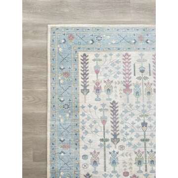 Cream Blue Oushak Rug, Modern Small Rugs, Vintage, Turkish, Eclectic, Floral, Pastel, Washable, Door Mat, Doormat for Indoor Entrance, Entryway, Kitchen, Bathroom, Bedroom, Laundry, 2'x3'