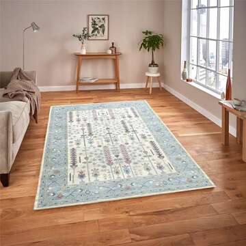 Cream Blue Oushak Rug, Modern Small Rugs, Vintage, Turkish, Eclectic, Floral, Pastel, Washable, Door Mat, Doormat for Indoor Entrance, Entryway, Kitchen, Bathroom, Bedroom, Laundry, 2'x3'