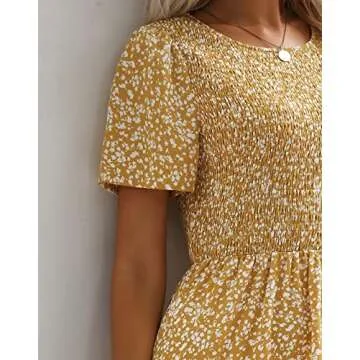 Maggeer 2025 Womens Summer Spring Short Sleeve Maxi Dress Casual Flowy Cute Modest Smocked Boho Baby Shower Beach Wedding Guest Trendy Long Dresses for Women Yellow Mustard L