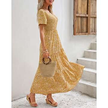 Maggeer 2025 Womens Summer Spring Short Sleeve Maxi Dress Casual Flowy Cute Modest Smocked Boho Baby Shower Beach Wedding Guest Trendy Long Dresses for Women Yellow Mustard L