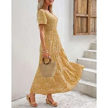 Maggeer 2025 Womens Summer Spring Short Sleeve Maxi Dress Casual Flowy Cute Modest Smocked Boho Baby Shower Beach Wedding Guest Trendy Long Dresses for Women Yellow Mustard L