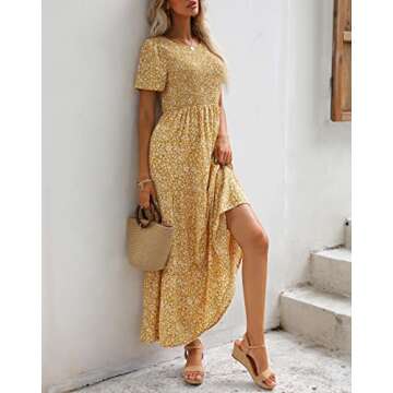 Maggeer 2025 Womens Summer Spring Short Sleeve Maxi Dress Casual Flowy Cute Modest Smocked Boho Baby Shower Beach Wedding Guest Trendy Long Dresses for Women Yellow Mustard L