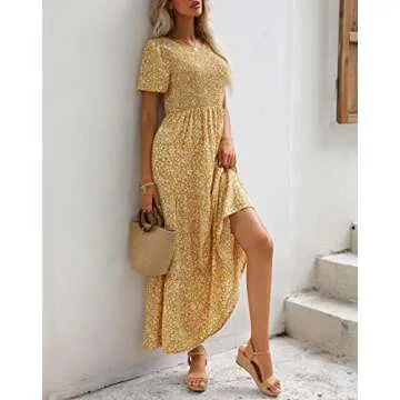 Maggeer 2025 Womens Summer Spring Short Sleeve Maxi Dress Casual Flowy Cute Modest Smocked Boho Baby Shower Beach Wedding Guest Trendy Long Dresses for Women Yellow Mustard L