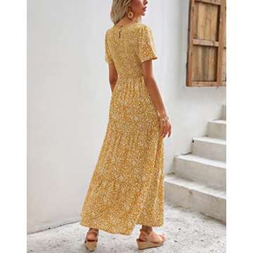 Maggeer 2025 Womens Summer Spring Short Sleeve Maxi Dress Casual Flowy Cute Modest Smocked Boho Baby Shower Beach Wedding Guest Trendy Long Dresses for Women Yellow Mustard L