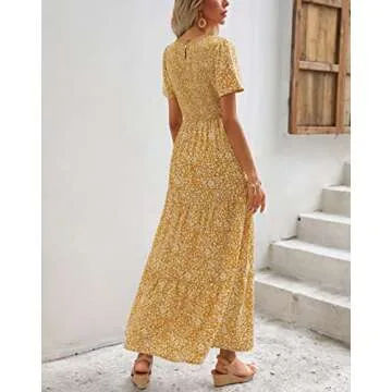 Maggeer 2025 Womens Summer Spring Short Sleeve Maxi Dress Casual Flowy Cute Modest Smocked Boho Baby Shower Beach Wedding Guest Trendy Long Dresses for Women Yellow Mustard L