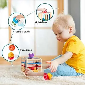 5 in 1 Baby Toys 6 to 12 to 18 Months, Montessori Toys for 1 Year Old, Montessori Toys for Babies 6-12 Months, Sensory Toys for Babies, Baby Tissue Box, Stacking Cups, Shape Sorter Cube Sensory Toys