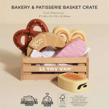 Le Toy Van - Educational Wooden Honeybee Market Baker's Basket Crate | Wood Play Food | Supermarket Pretend Play Shop Food