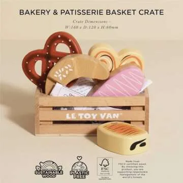 Le Toy Van - Educational Wooden Honeybee Market Baker's Basket Crate | Wood Play Food | Supermarket Pretend Play Shop Food