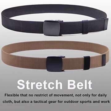 HOANAN 2-Pack Elastic Stretch Belts, Men’s Plus Size No Metal Nylon Tactical Hiking Belt (black/br...