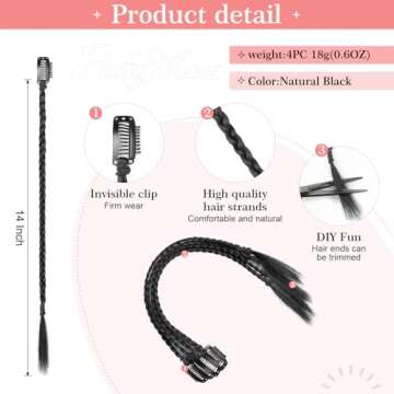 Flufymooz 4PC Braid in Hair Extension 14 Inch Clip in Braid Extensions for Women Synthetic Hairpiece...