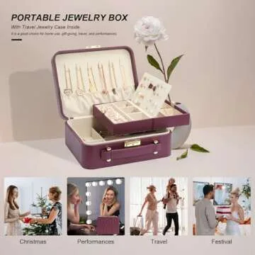 V-LAFUYLIFE Jewelry Box for Women, Travel Jewelry Organizer Ladies Watch and Jewelry Case Travel Jewelry Case for Necklaces. (Burgundy Red)
