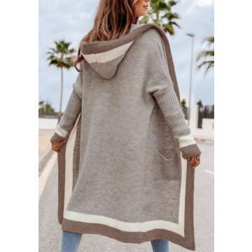 chouyatou Women's Color Block Vertical Striped Open Front Oversized Hooded Long Cardigan Sweaters with Pockets (Medium, Apricot Khaki)