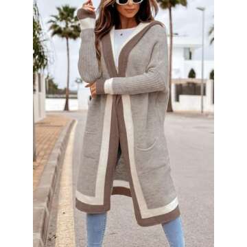 chouyatou Women's Color Block Vertical Striped Open Front Oversized Hooded Long Cardigan Sweaters with Pockets (Medium, Apricot Khaki)