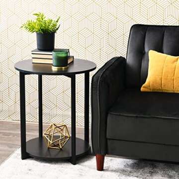 Household Essentials Black Oak Round End Table with Storage Shelf