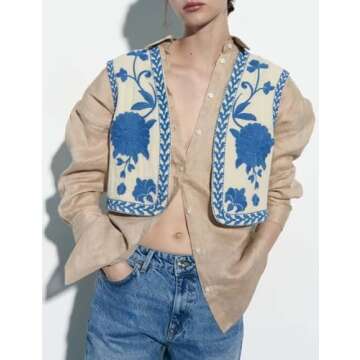 Wyeysyt Women Floral Embroidered Vest Vintage Sleeveless Boho Y2k Cardigan Open Front Cropped Waistc...