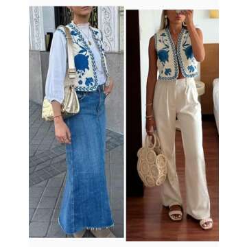 Wyeysyt Women Floral Embroidered Vest Vintage Sleeveless Boho Y2k Cardigan Open Front Cropped Waistcoat(Blue-M)