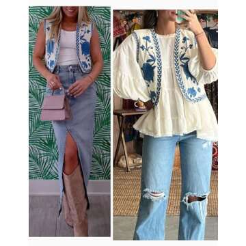 Wyeysyt Women Floral Embroidered Vest Vintage Sleeveless Boho Y2k Cardigan Open Front Cropped Waistcoat(Blue-M)