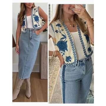 Wyeysyt Women Floral Embroidered Vest Vintage Sleeveless Boho Y2k Cardigan Open Front Cropped Waistcoat(Blue-M)