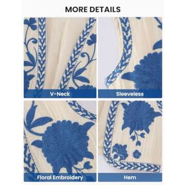 Wyeysyt Women Floral Embroidered Vest Vintage Sleeveless Boho Y2k Cardigan Open Front Cropped Waistcoat(Blue-M)